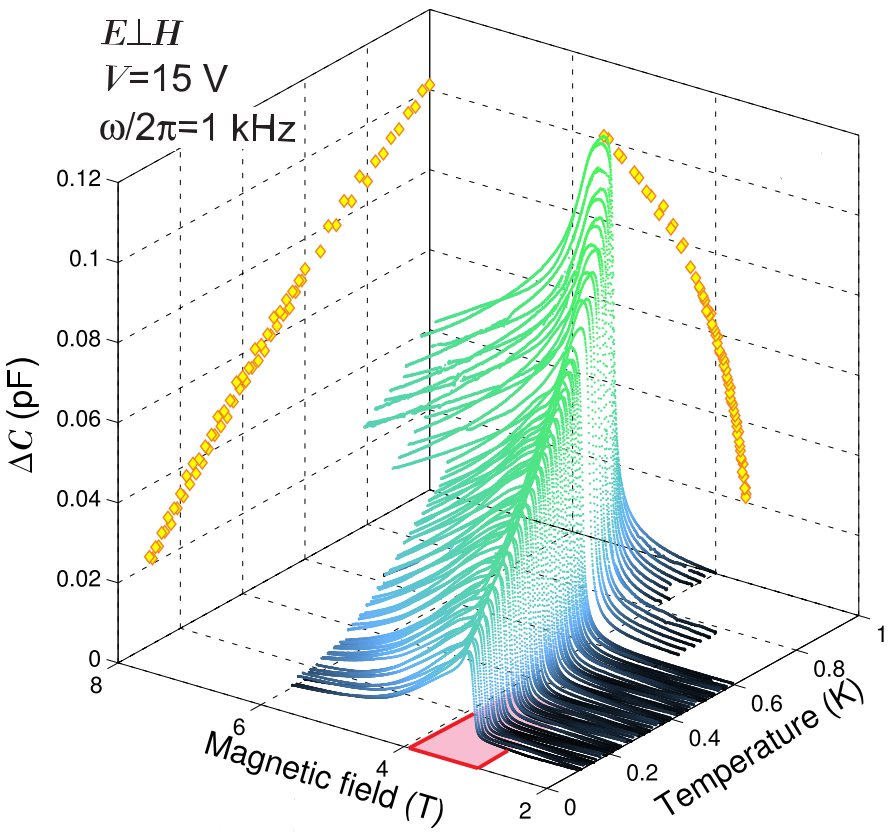 Enlarged view: Dielectric anomalies measured isothermally at different magnetic field&nbsp; in quantum multiferroic Sul-Cu<sub>2</sub>Cl<sub>4&nbsp;</sub>[2].
