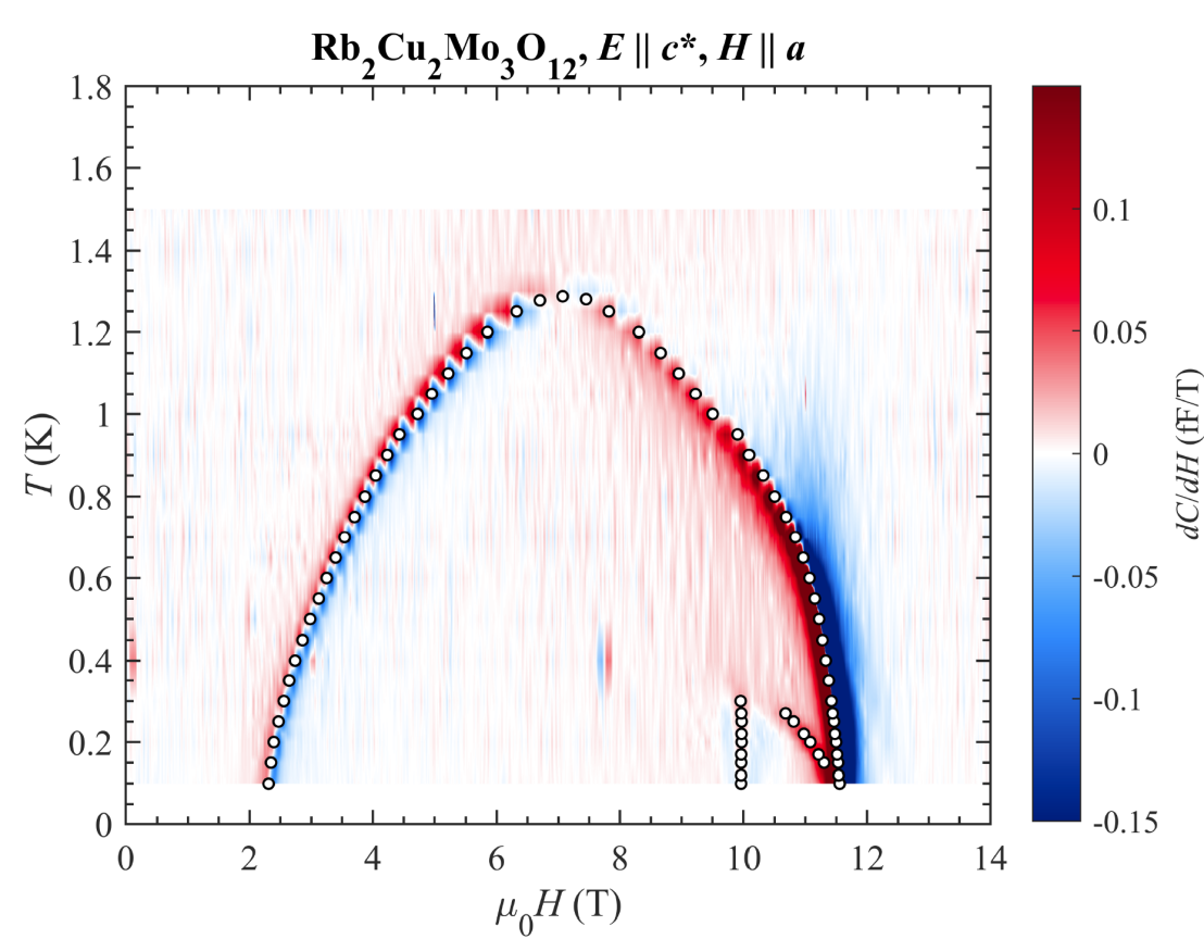 Enlarged view: Magnetic field derivative of electrical polarization measured in Rb<sub>2</sub>Cu<sub>2</sub>Mo<sub>3</sub>O<sub>12</sub>.